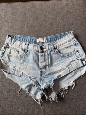 One Teaspoon Light Wash Distressed Denim Shorts